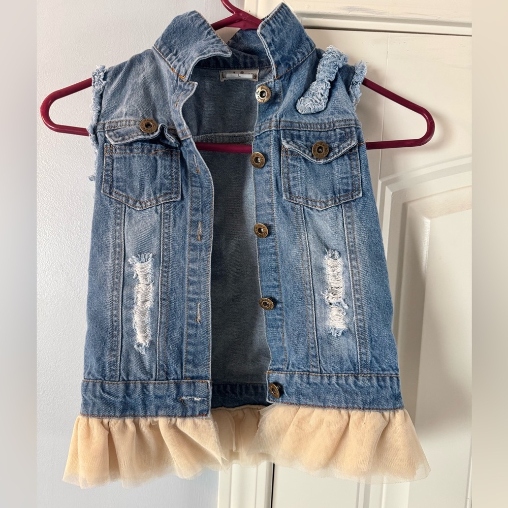 Little Sassy Distressed Denim Vest Ruffles at hem. Sassy bling. Size L